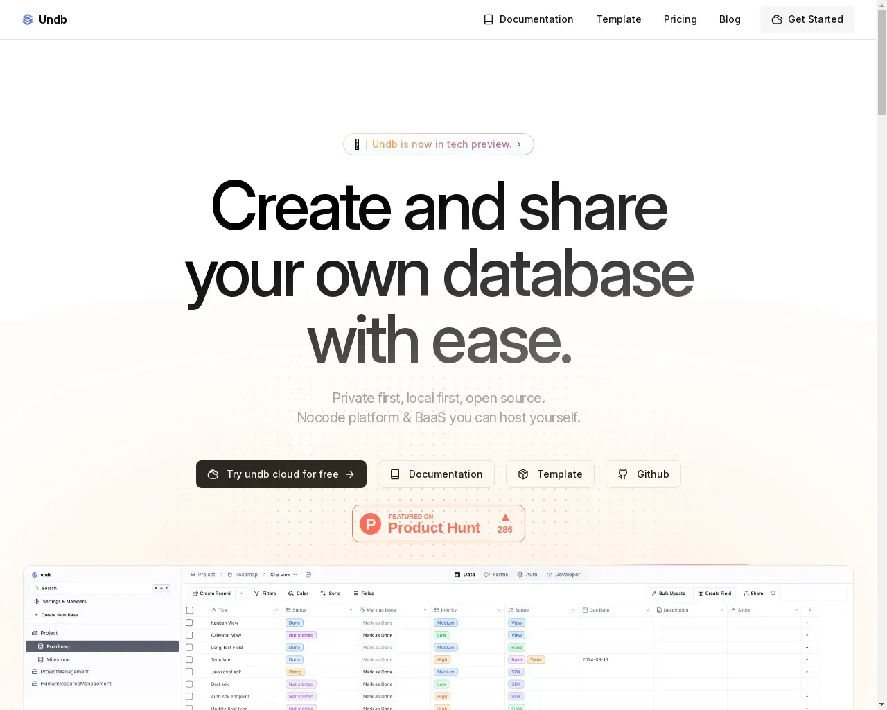 Show HN: Undb – 开源无代码平台现在提供云服务 - Project Screenshot