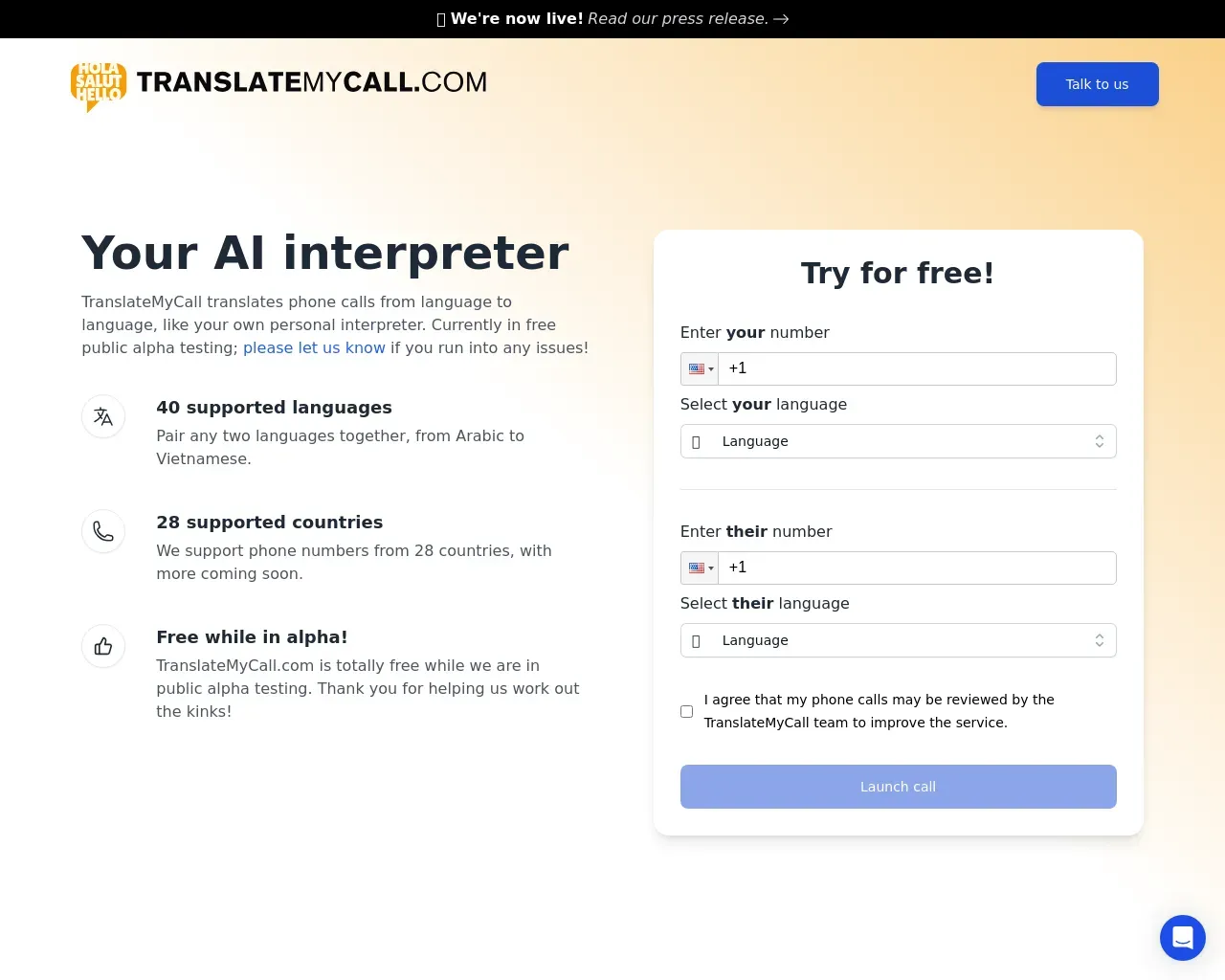 Show HN：TranslateMyCall.com，一款用于电话的人工智能翻译工具 - Project Screenshot