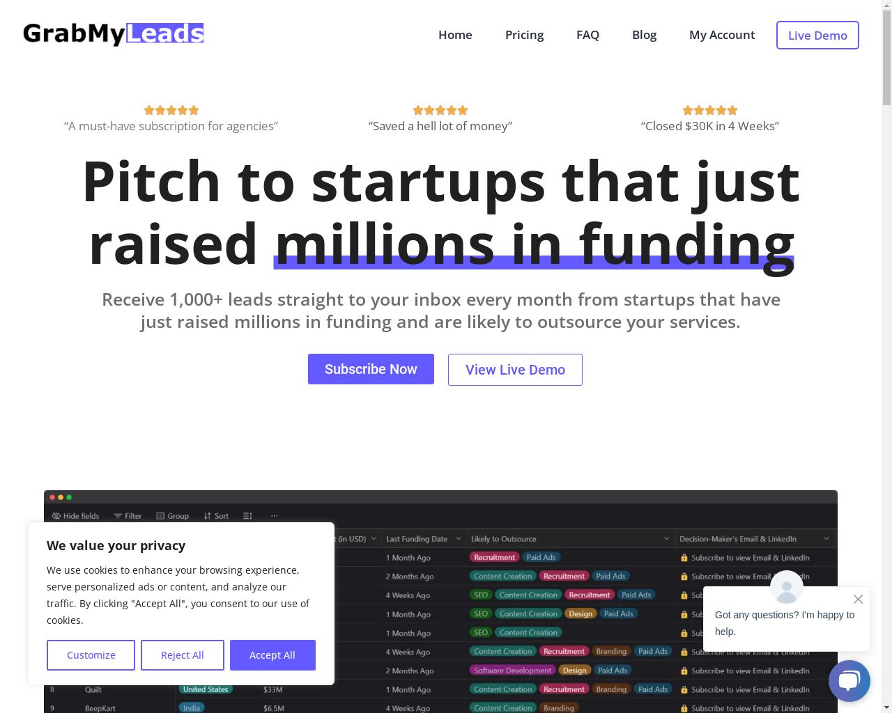 Show HN: GrabMyLeads – Pitch to Startups That Just Raised Millions - Project Screenshot