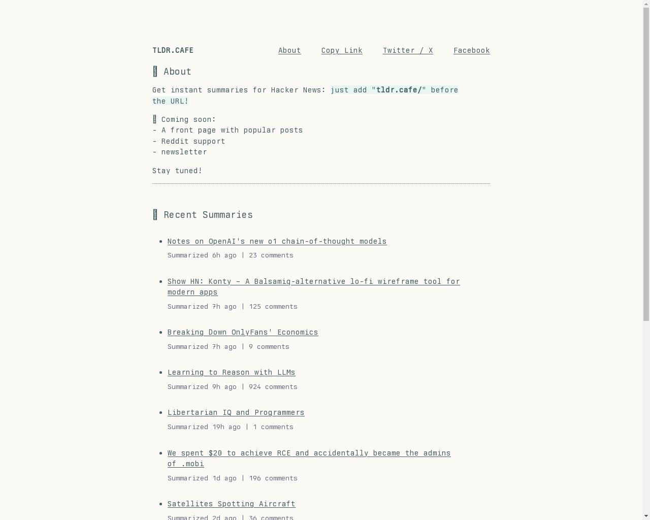 Show HN: Tldr.cafe – Instant Summaries of HN Posts - Project Screenshot