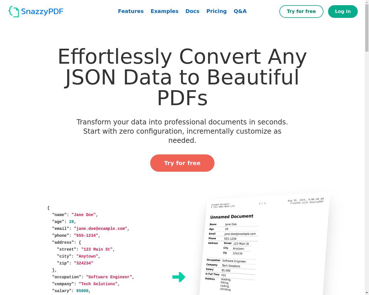 Show HN: SnazzyPDF – Convert Any JSON Data to Beautifully Formatted PDFs - Project Screenshot