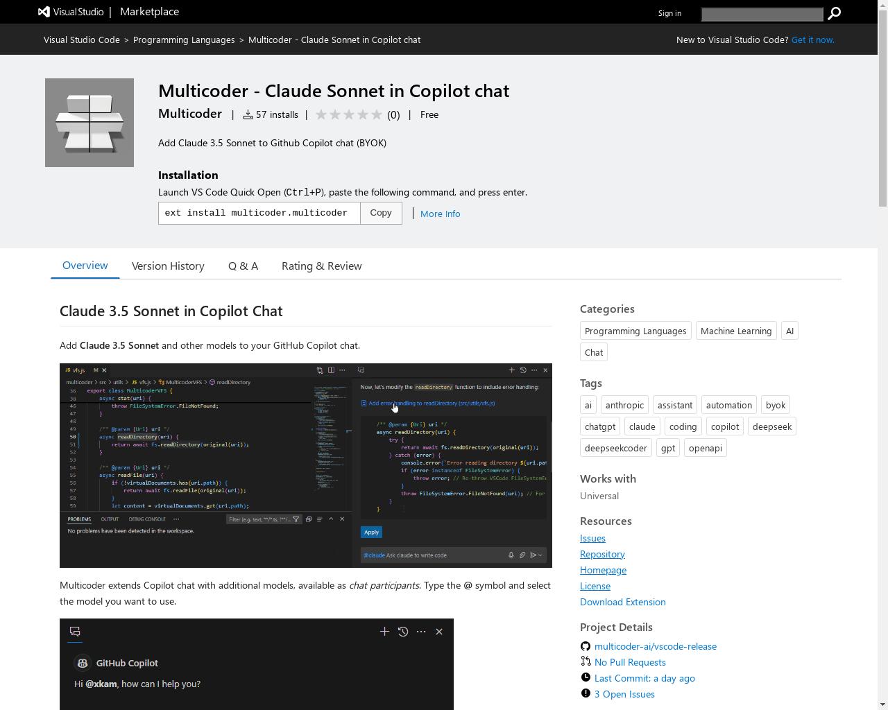 Show HN: Claude 3.5 Sonnet in GitHub Copilot Chat (VSCode Extension, BYOK) - 项目截图