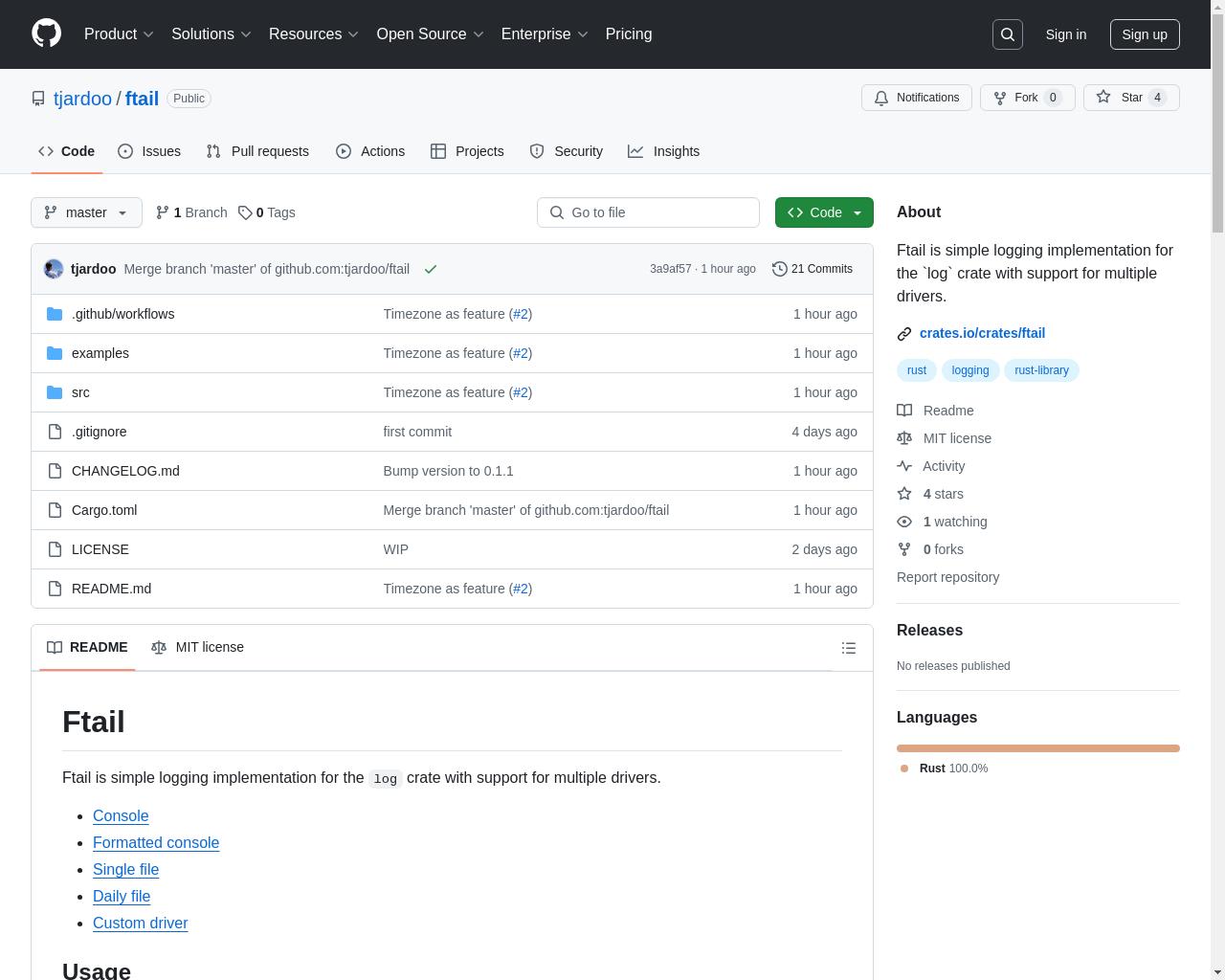 Show HN: Ftail – Rust用のロガーで、複数のドライバー（コンソール、デイリーファイルなど）に対応しています。 - プロジェクトのスクリーンショット