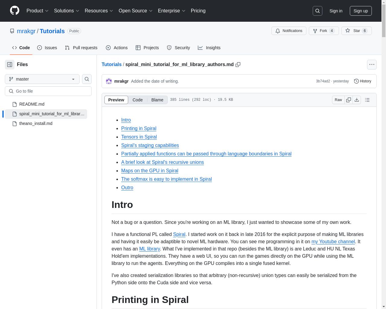 Show HN: MLライブラリ作成者のためのスパイラルミニチュートリアル - プロジェクトのスクリーンショット