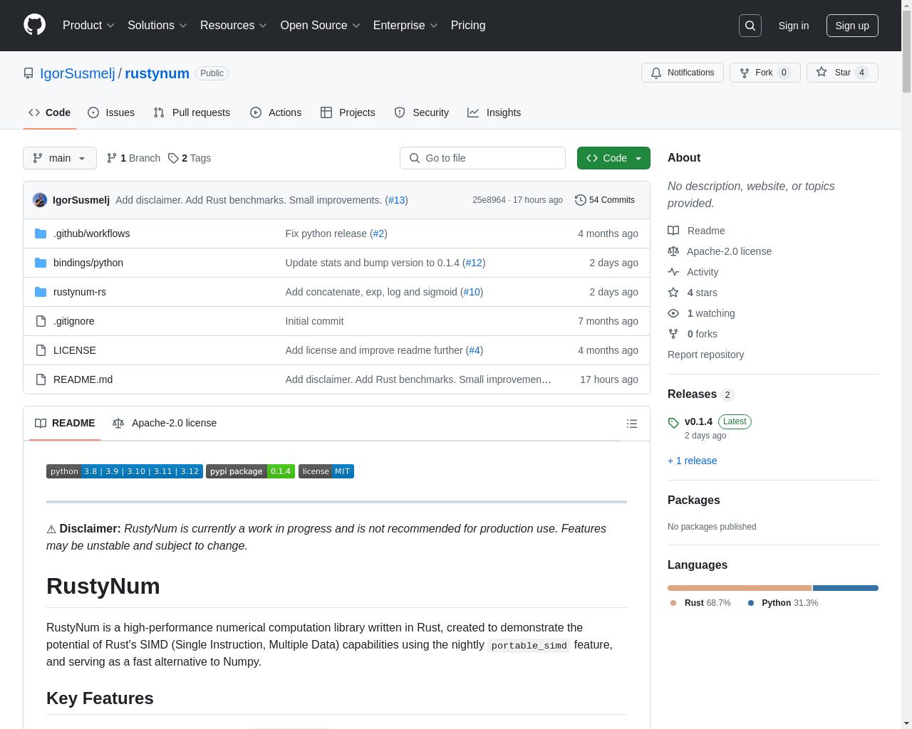 显示 HN：RustyNum – 快速的 Rust 助力 NumPy 替代品 - 项目截图