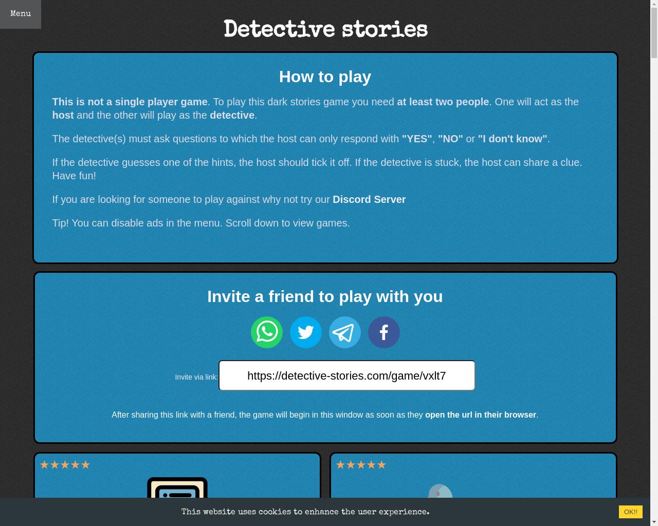 Show HN: Detective Stories – A 2-player "dark stories" game - 项目截图