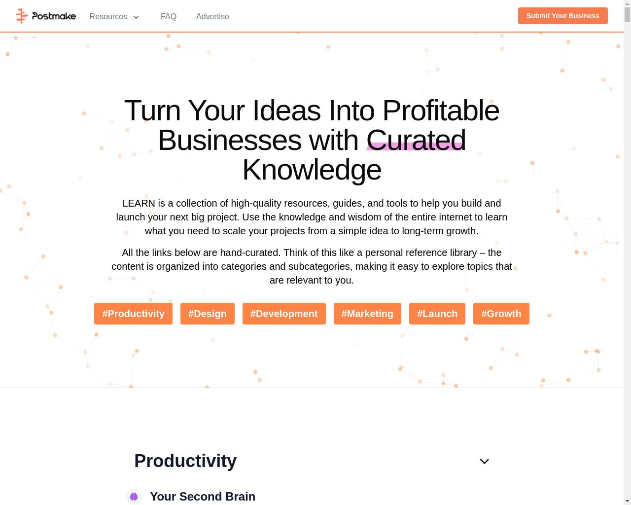 Show HN: I built a hand-curated knowledgebase for your next startup - 项目截图