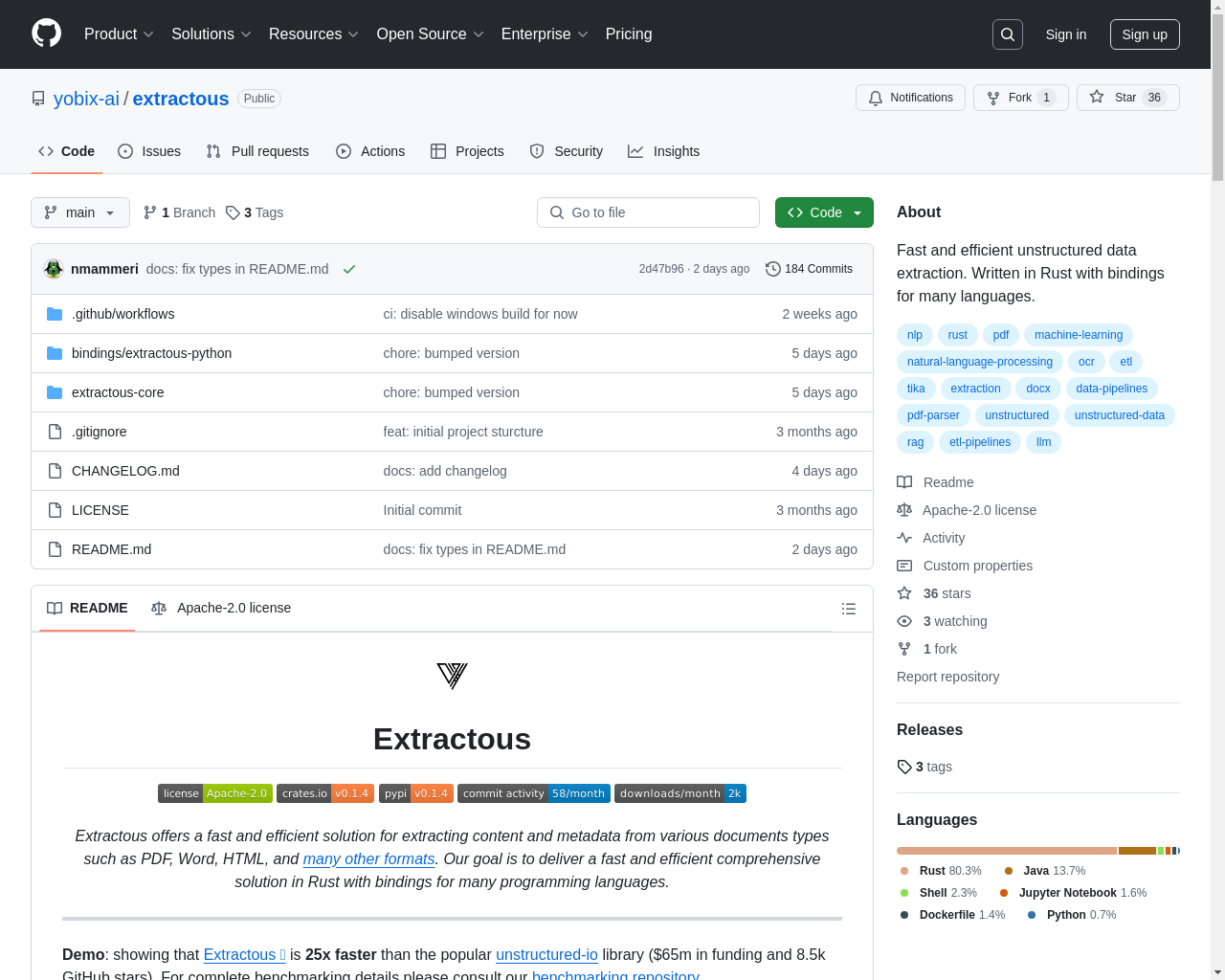 Show HN: Extractous、Rustベースのデータ抽出ツールで、unstructured-ioより約25倍速いです。 - プロジェクトのスクリーンショット