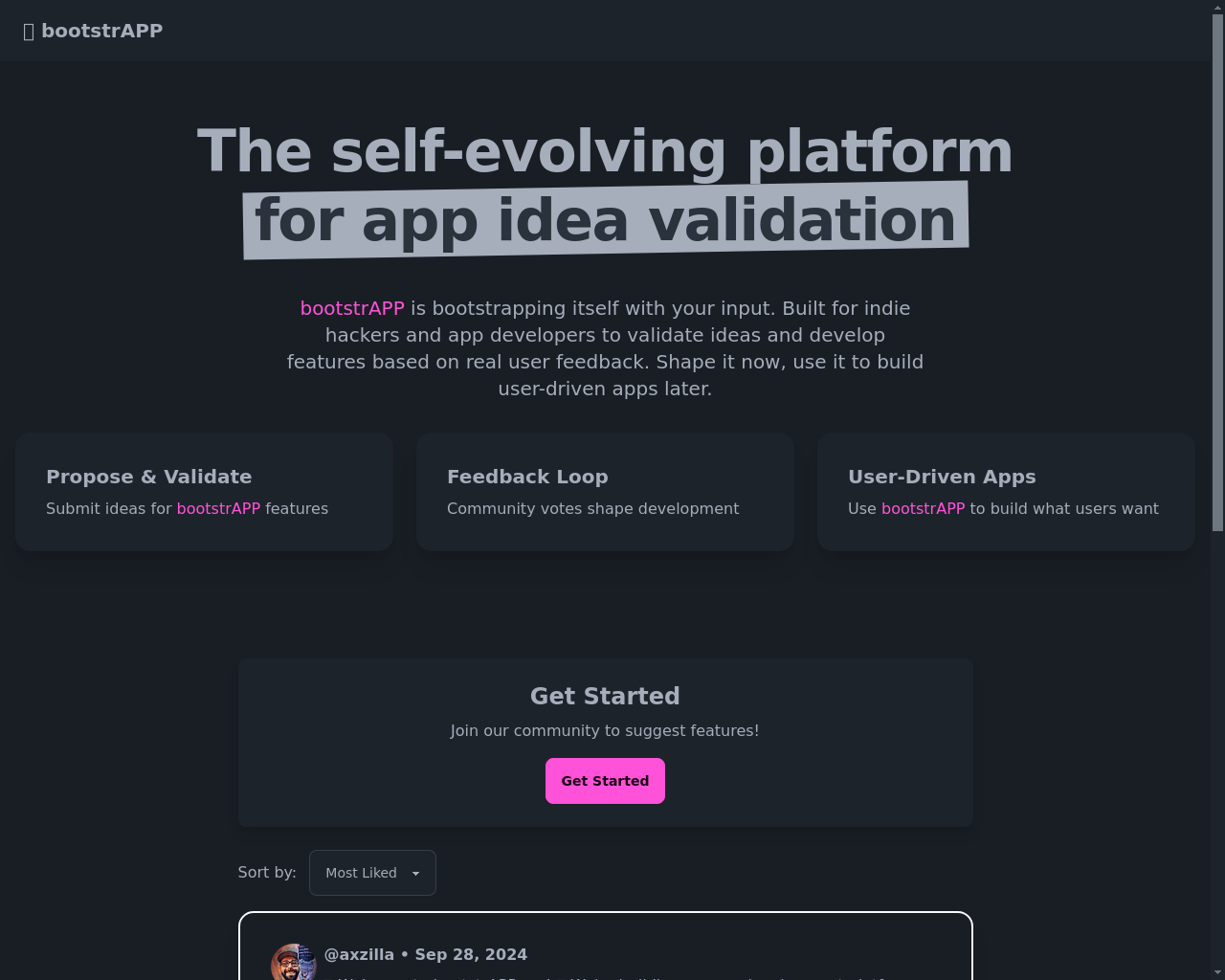Show HN: BootstrAPP.xyz – 一个平台，帮助应用创意进行自我验证 - 项目截图