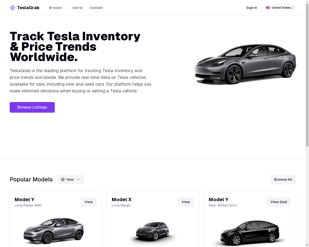 Show HN: TeslaGrab – Global Tesla inventory tracker with price alerts (free) - Project Screenshot