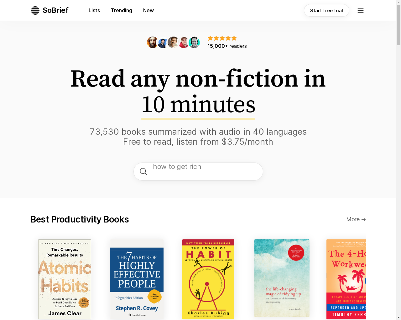 Show HN: 73,530 free book summaries in 40 languages (with paid audio) - Project Screenshot