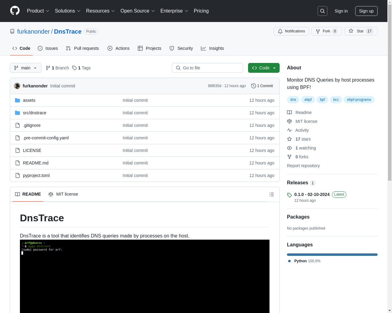 Show HN: DnsTrace - Monitor DNS Queries by host processes using BPF - Project Screenshot