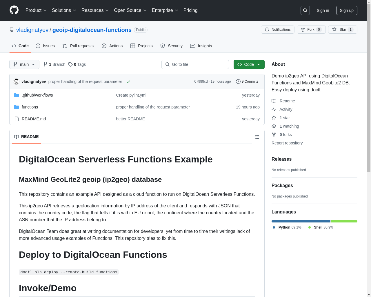 Show HN: DigitalOcean Functions と MaxMind GeoLite2 を使用した GeoIP API - プロジェクトのスクリーンショット