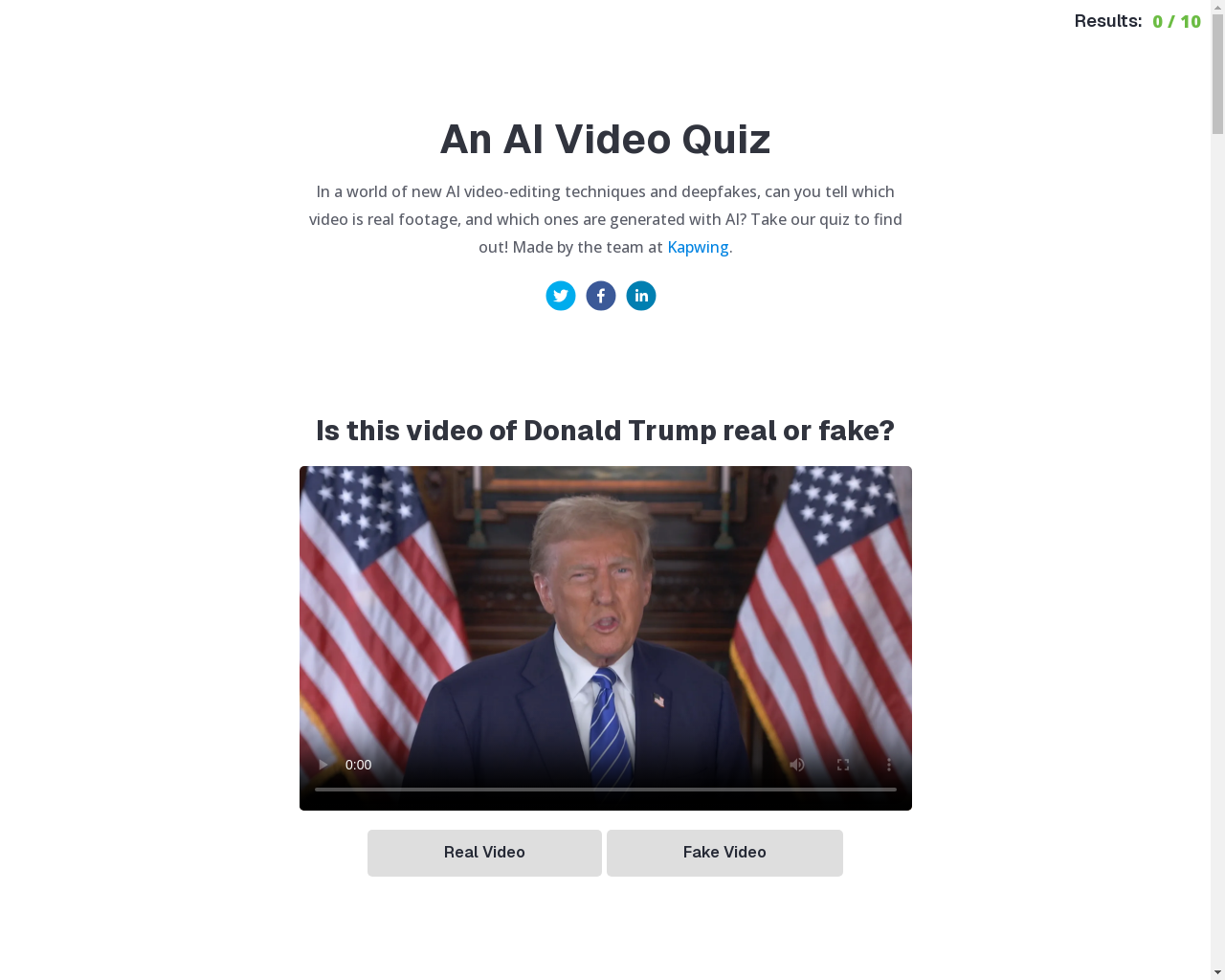 Show HN: A quiz to see if you can tell real vs. deepfake videos - Project Screenshot