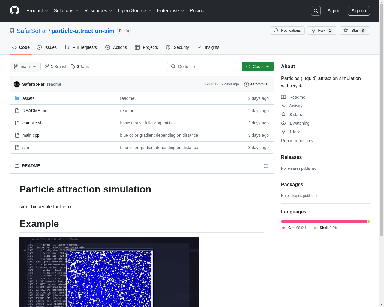 Show HN: Particle/liquid attraction simulator with raylib C++ - Project Screenshot