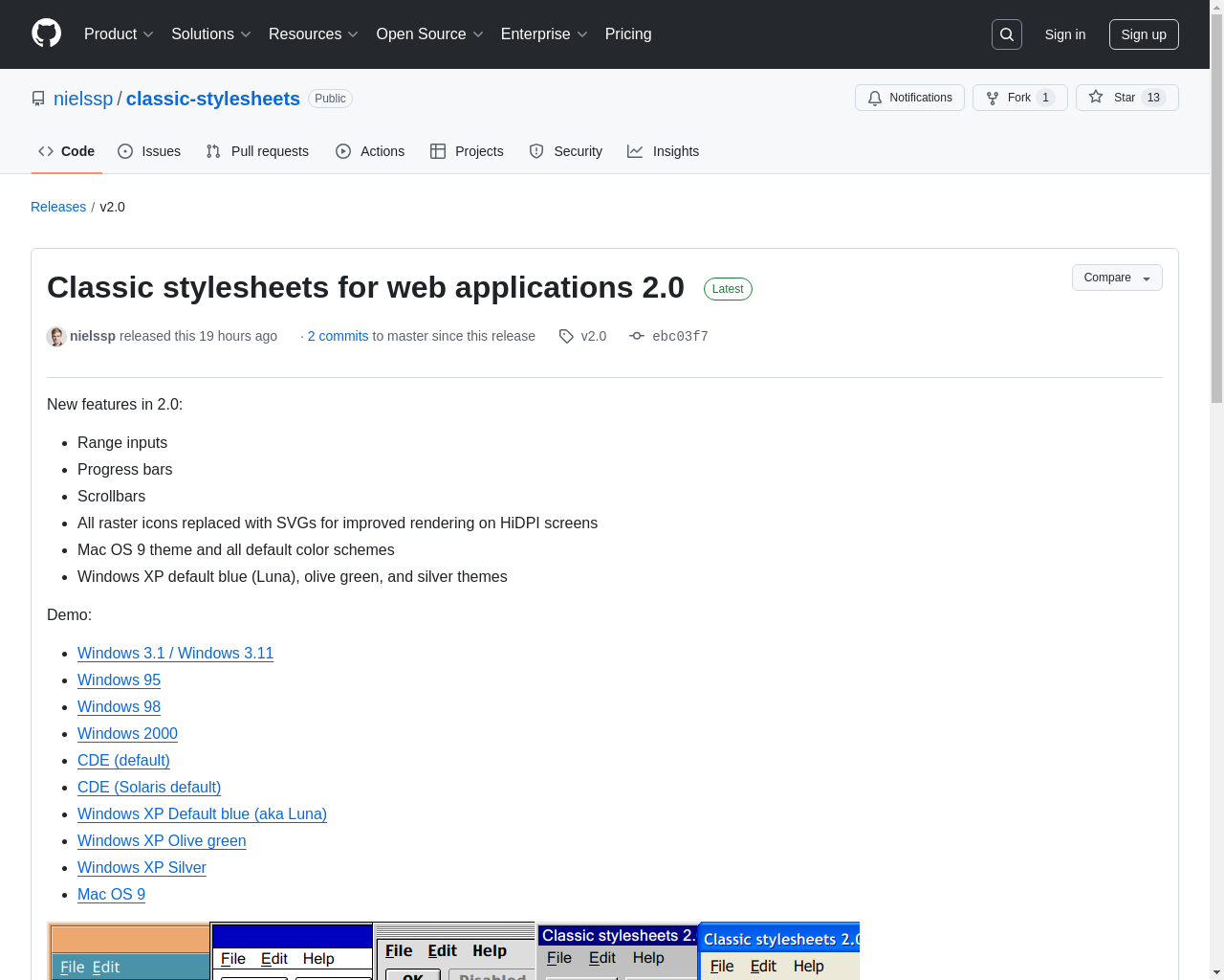 Show HN: ウェブアプリケーション用クラシックスタイルシート 2.0 - プロジェクトのスクリーンショット