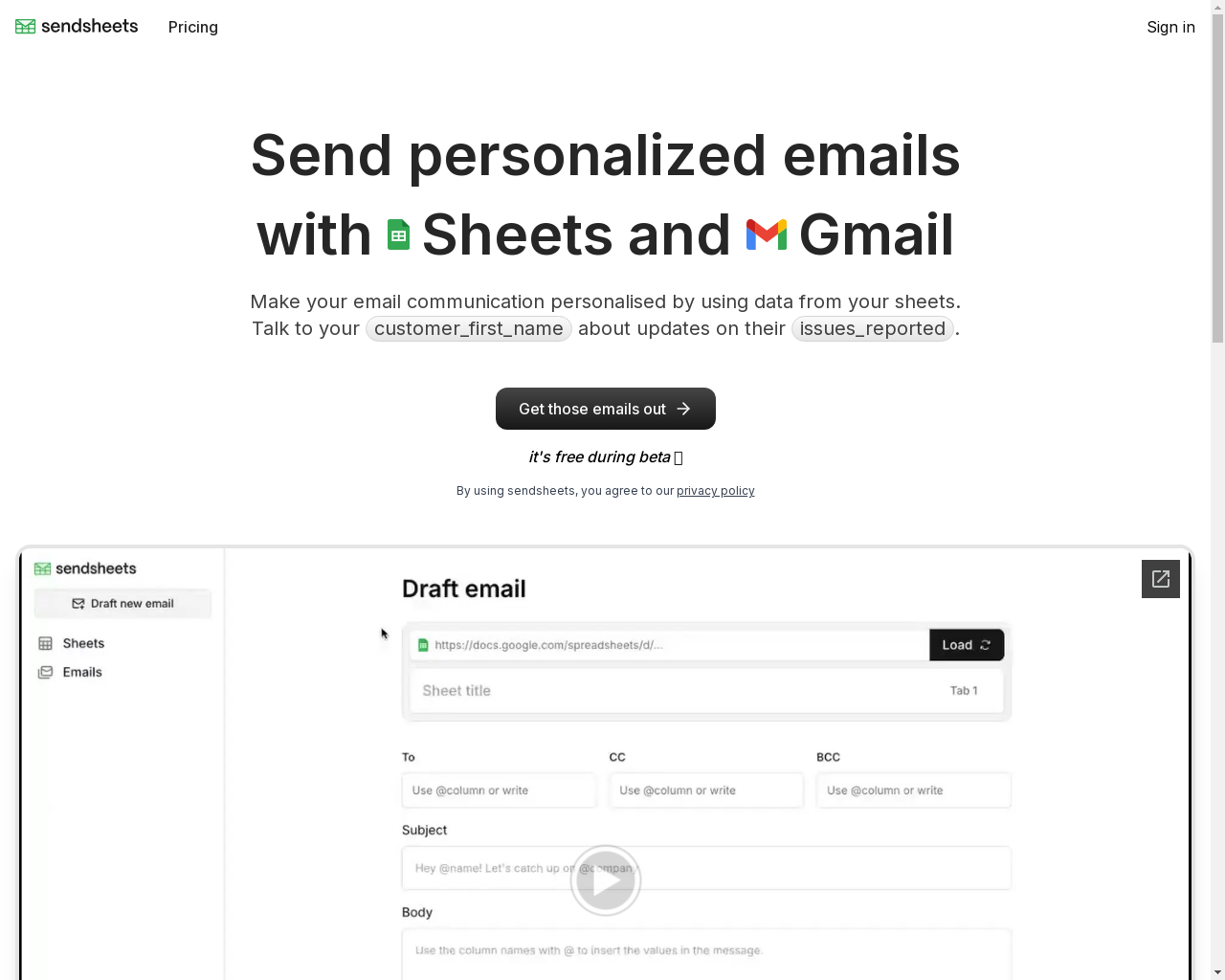 Show HN: Sendsheets.com – Google Sheetsからパーソナライズされたメールを送信するサービス - プロジェクトのスクリーンショット