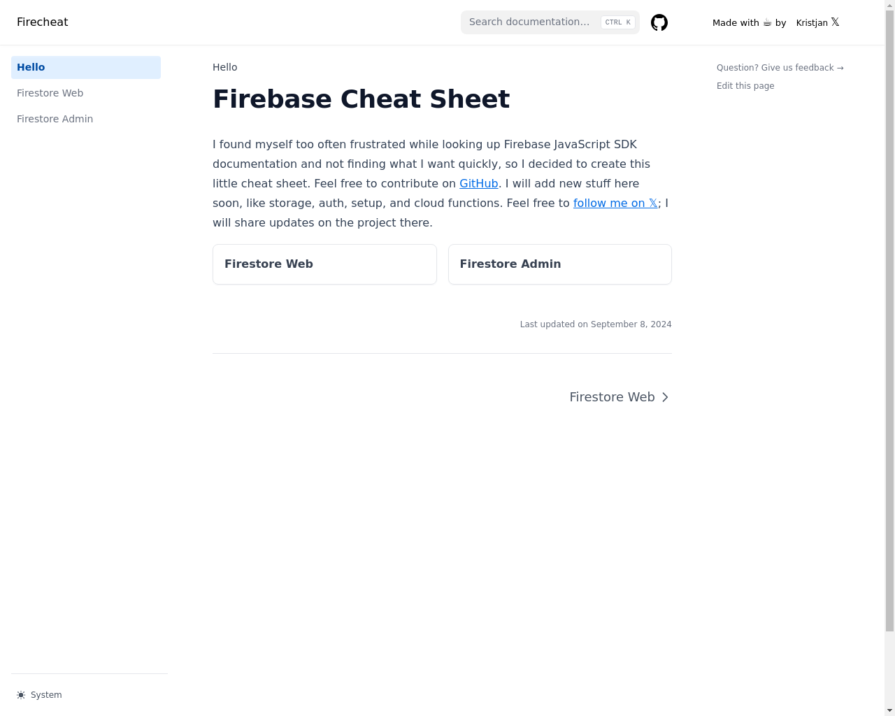 Show HN: 私の初めてのオープンソースプロジェクトを始めました – Firebaseのチートシート/ドキュメント - プロジェクトのスクリーンショット