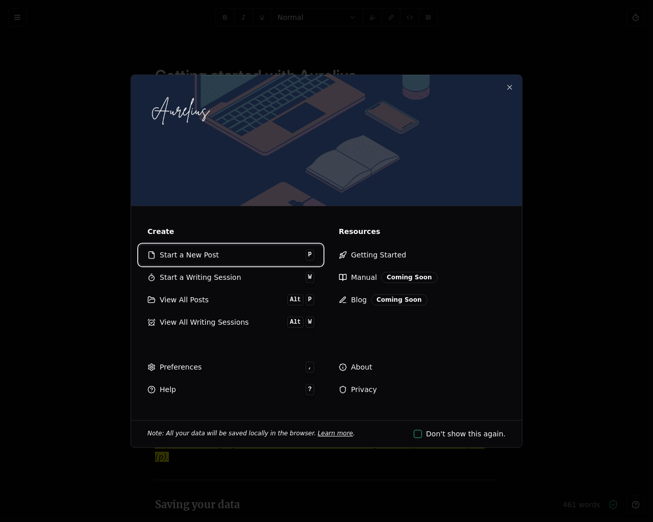 Show HN: Aurelius – a local-first, distraction-free writing app - Project Screenshot