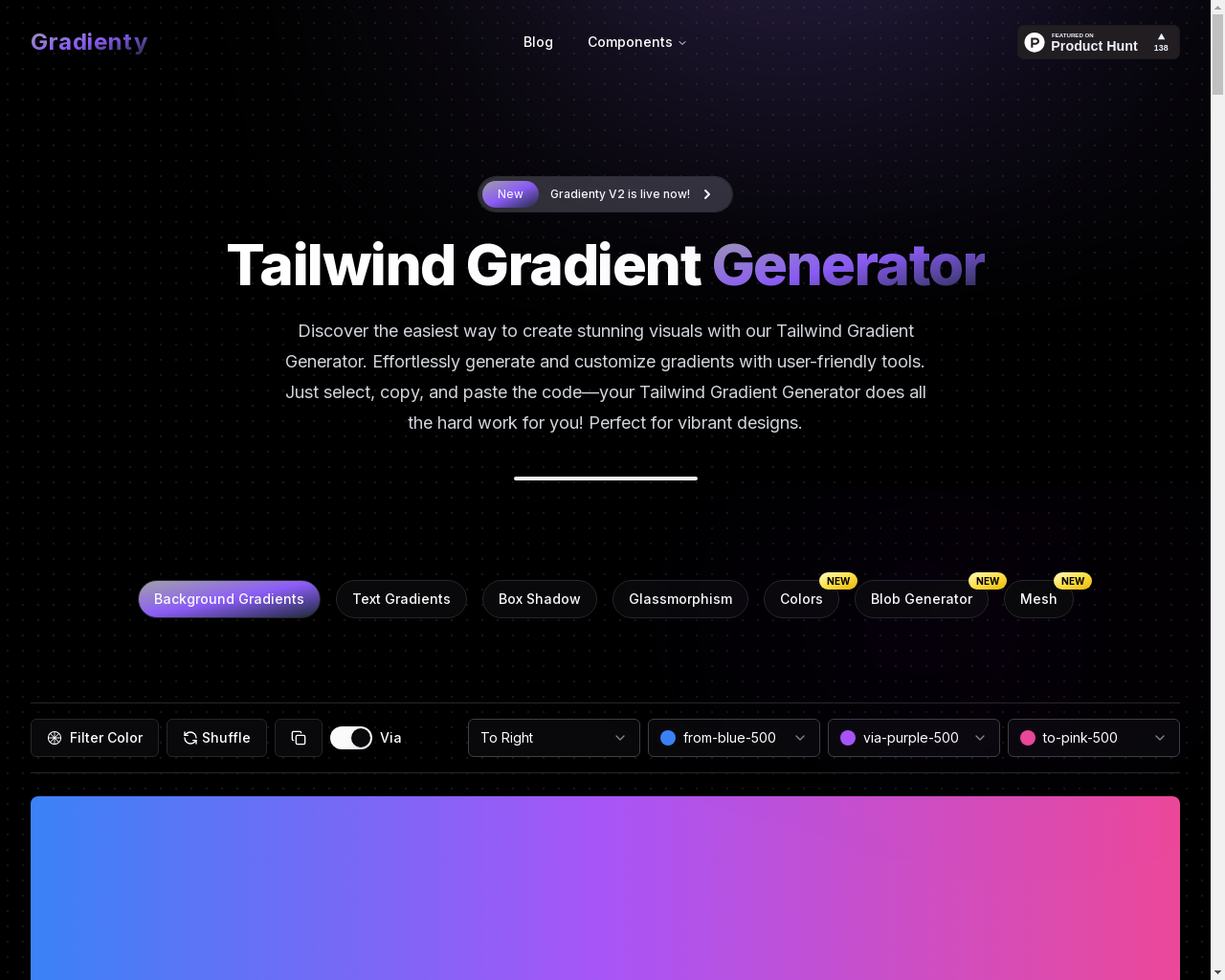 Show HN: Gradienty V2 – Free Tailwind CSS Gradient, Mesh, and Blob Generators - Project Screenshot