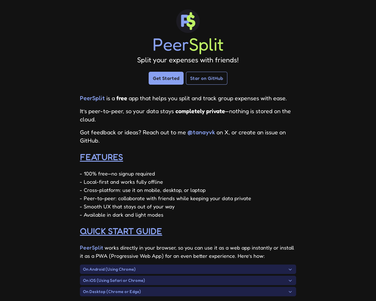 Show HN: PeerSplit–無料のP2P Splitwise代替（ローカルファーストPWA） - プロジェクトのスクリーンショット