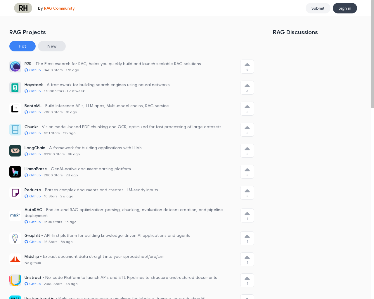 Show HN: RAGプロジェクトとツールのためのProduct Hunt - プロジェクトのスクリーンショット