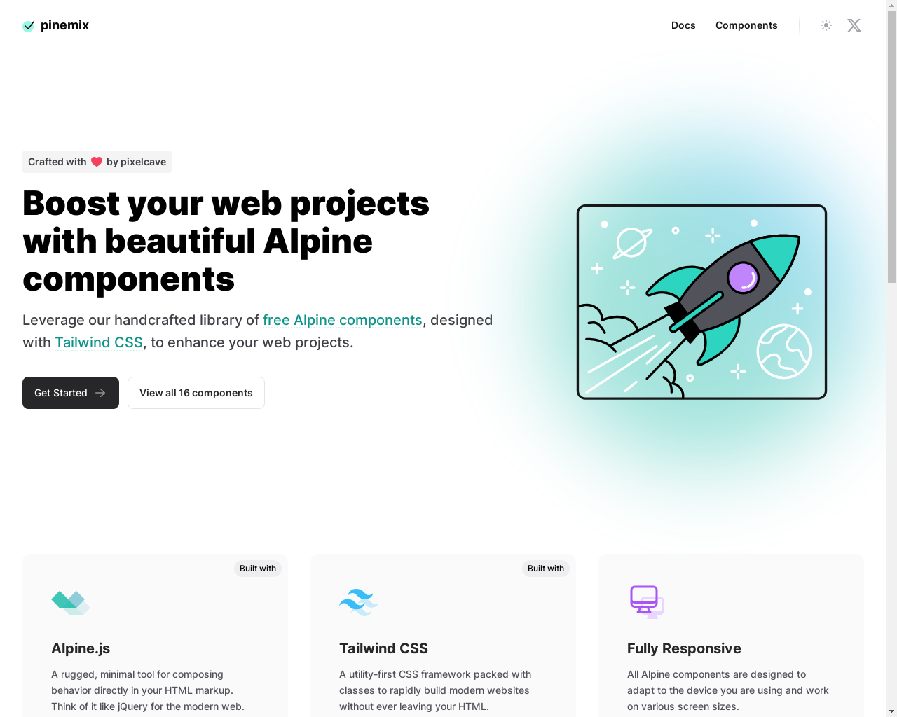 Show HN: Pinemix – Free Alpine Components, Designed with Tailwind CSS - Project Screenshot