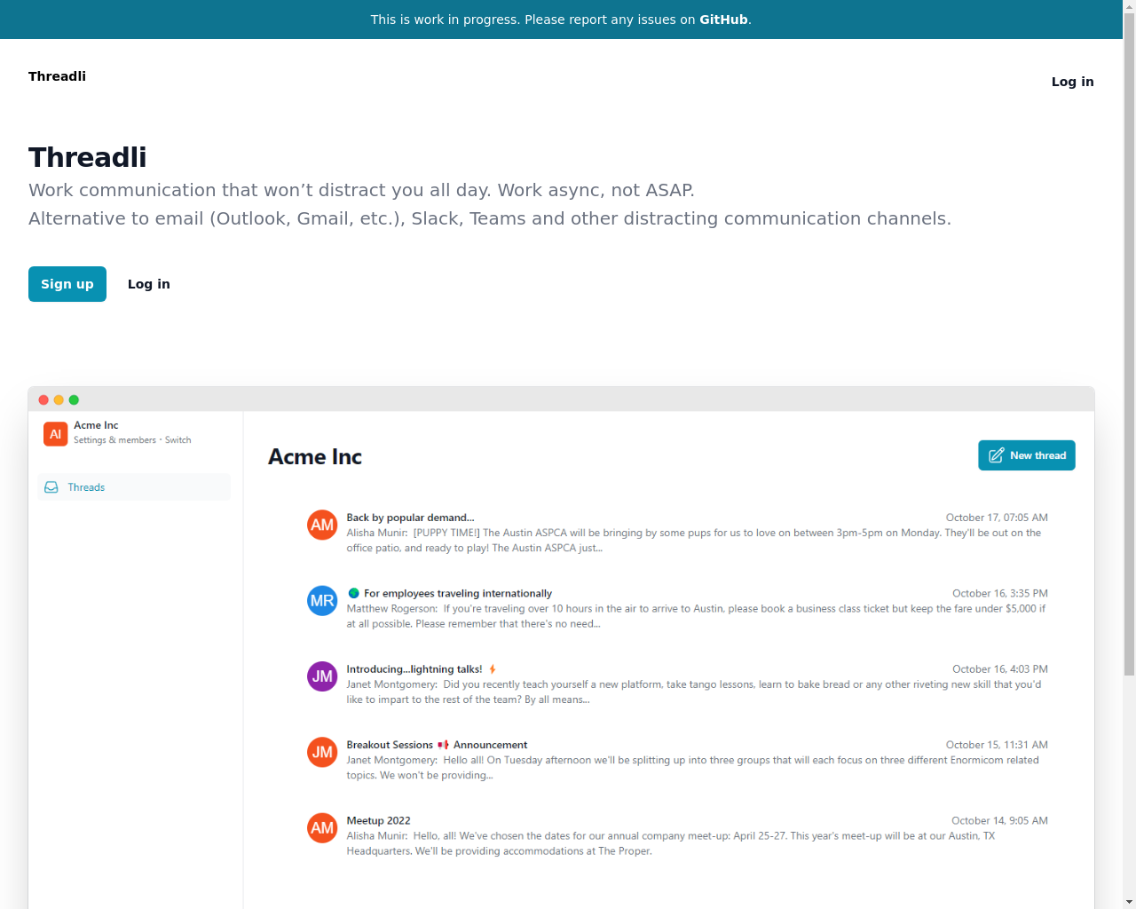 Show HN: Threadli – Opensource distraction-free alternative to Slack/Email - Project Screenshot