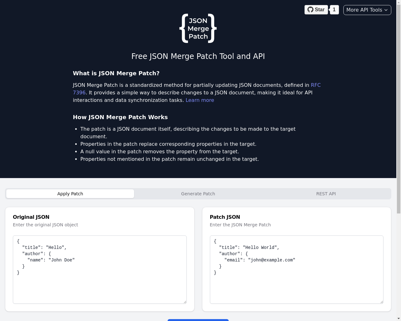 Show HN: Jsonmergepatch.com – Free JSON Merge Patch Tool and API - Project Screenshot