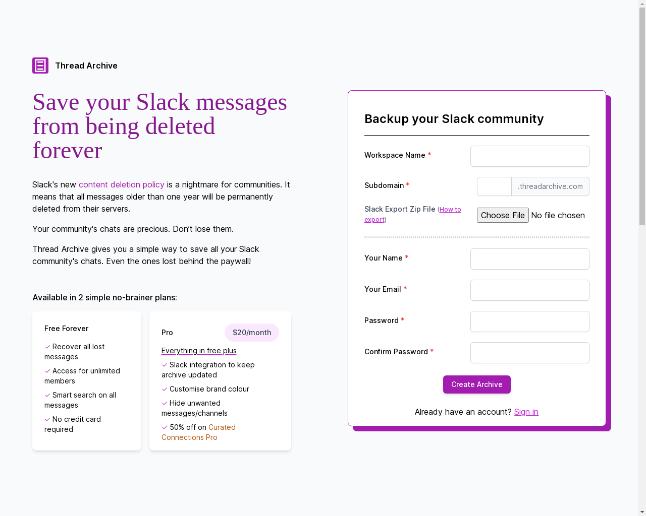 Show HN: Thread Archive – free tool to save Slack community data - Project Screenshot