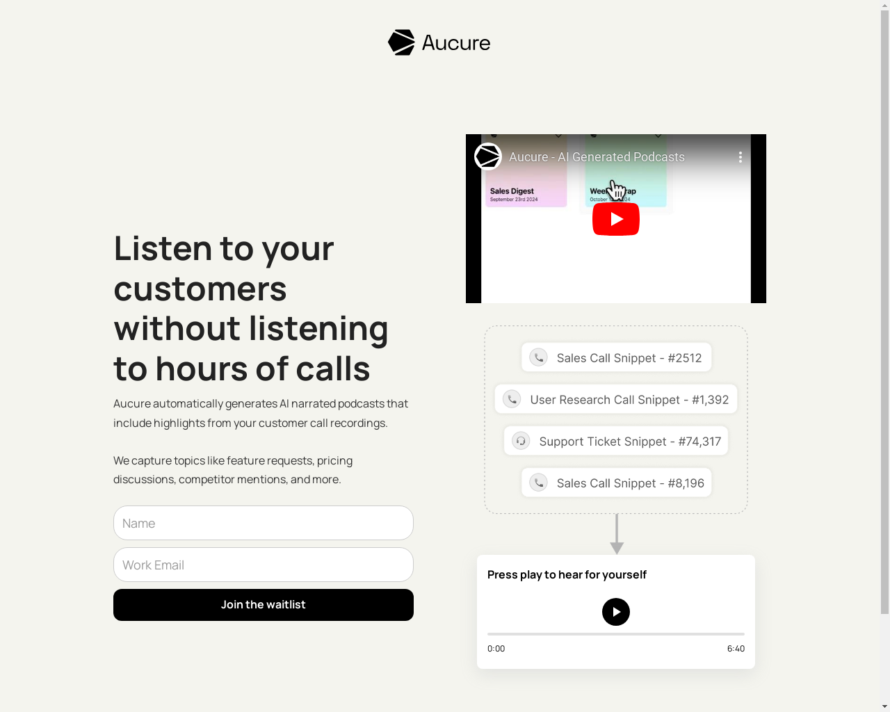 Show HN: Aucure – Generate AI Narrated Podcasts from Customer Calls - Project Screenshot