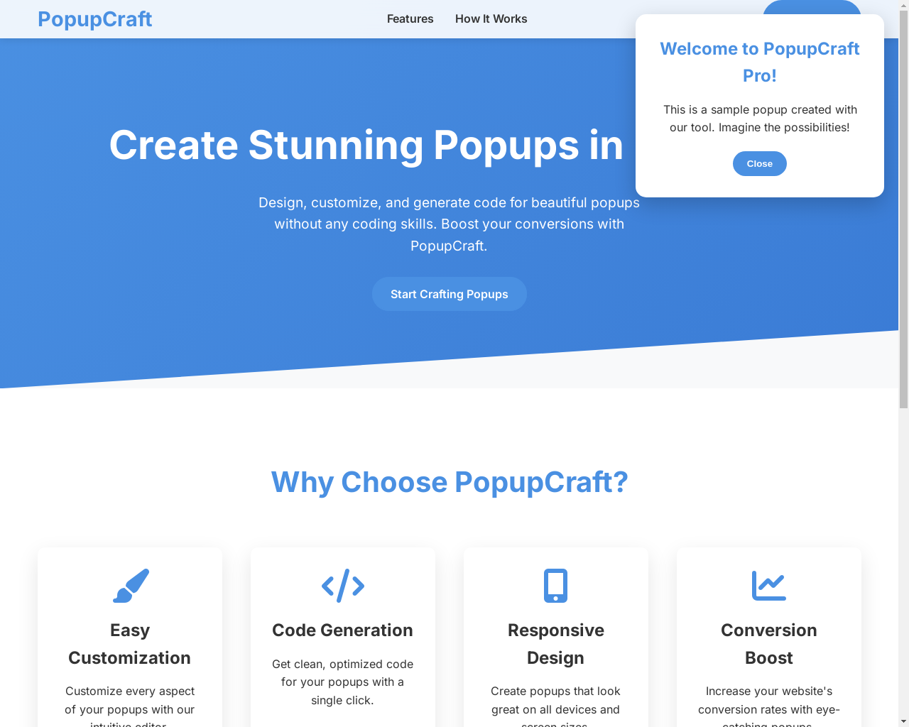 Show HN：我创建了 Popupcraft，用于几分钟内制作弹窗 - 项目截图