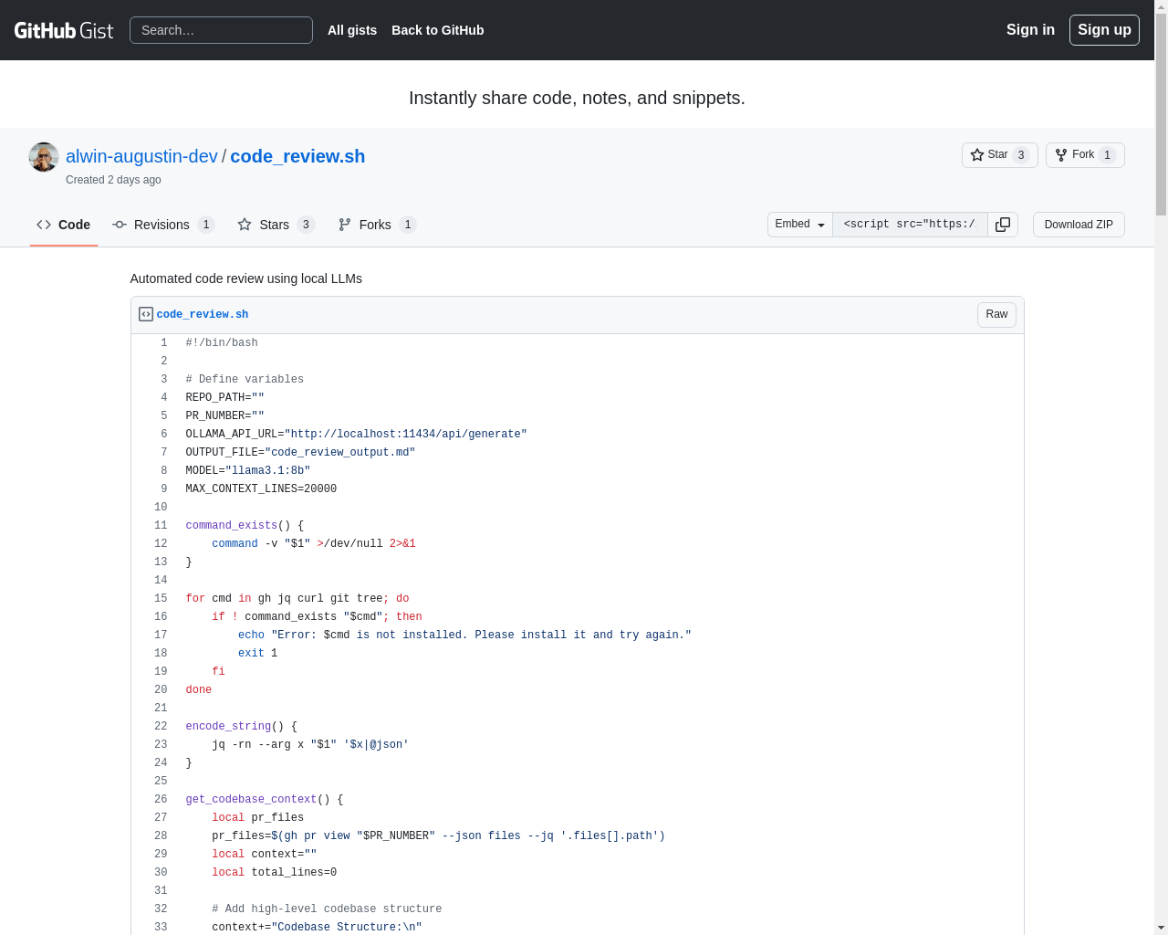 Show HN：用于基于本地大语言模型的 AI 驱动代码审查的 Shell 脚本 - 项目截图