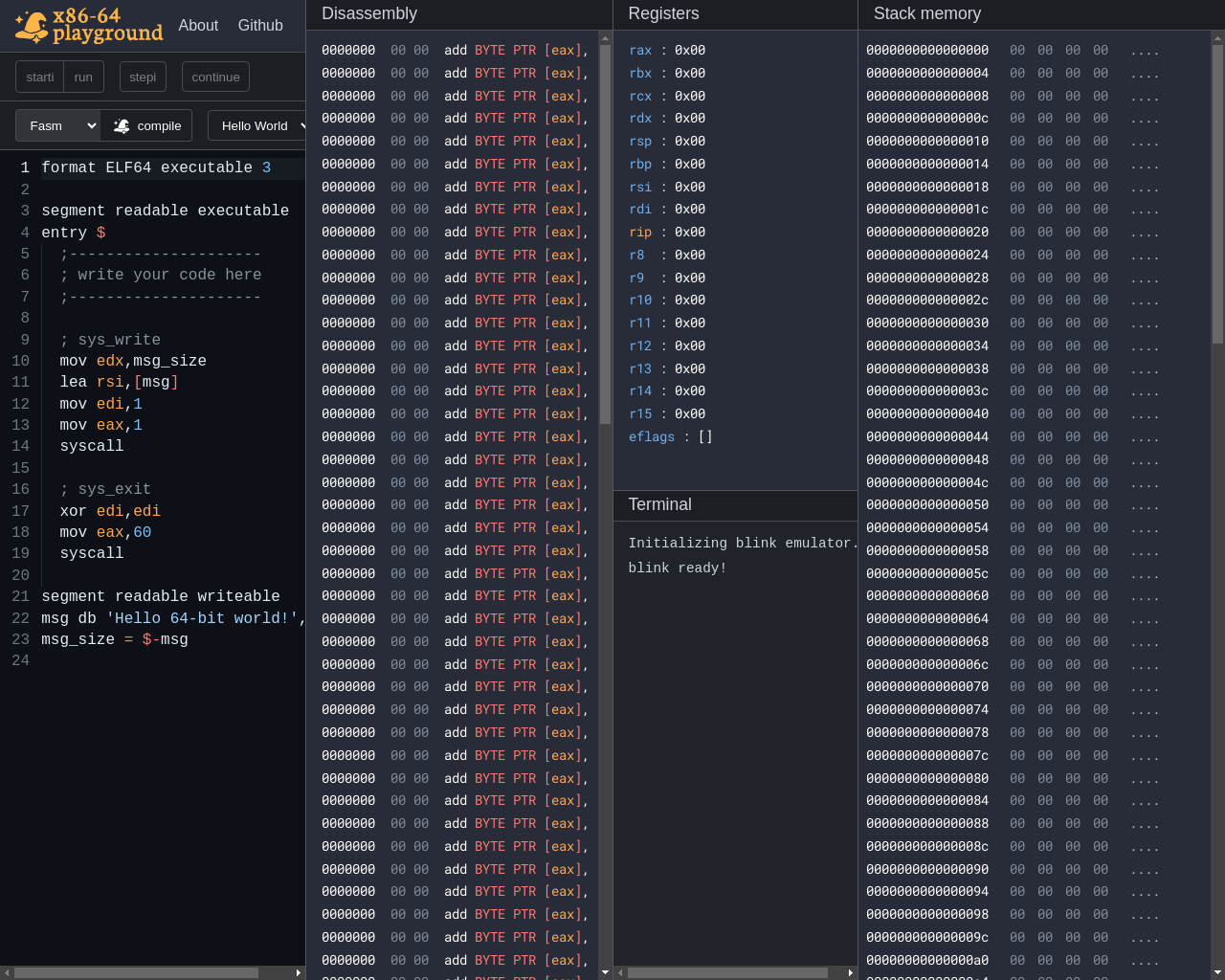Show HN: 在浏览器中直接运行、学习和调试 x86-64 汇编代码 - 项目截图