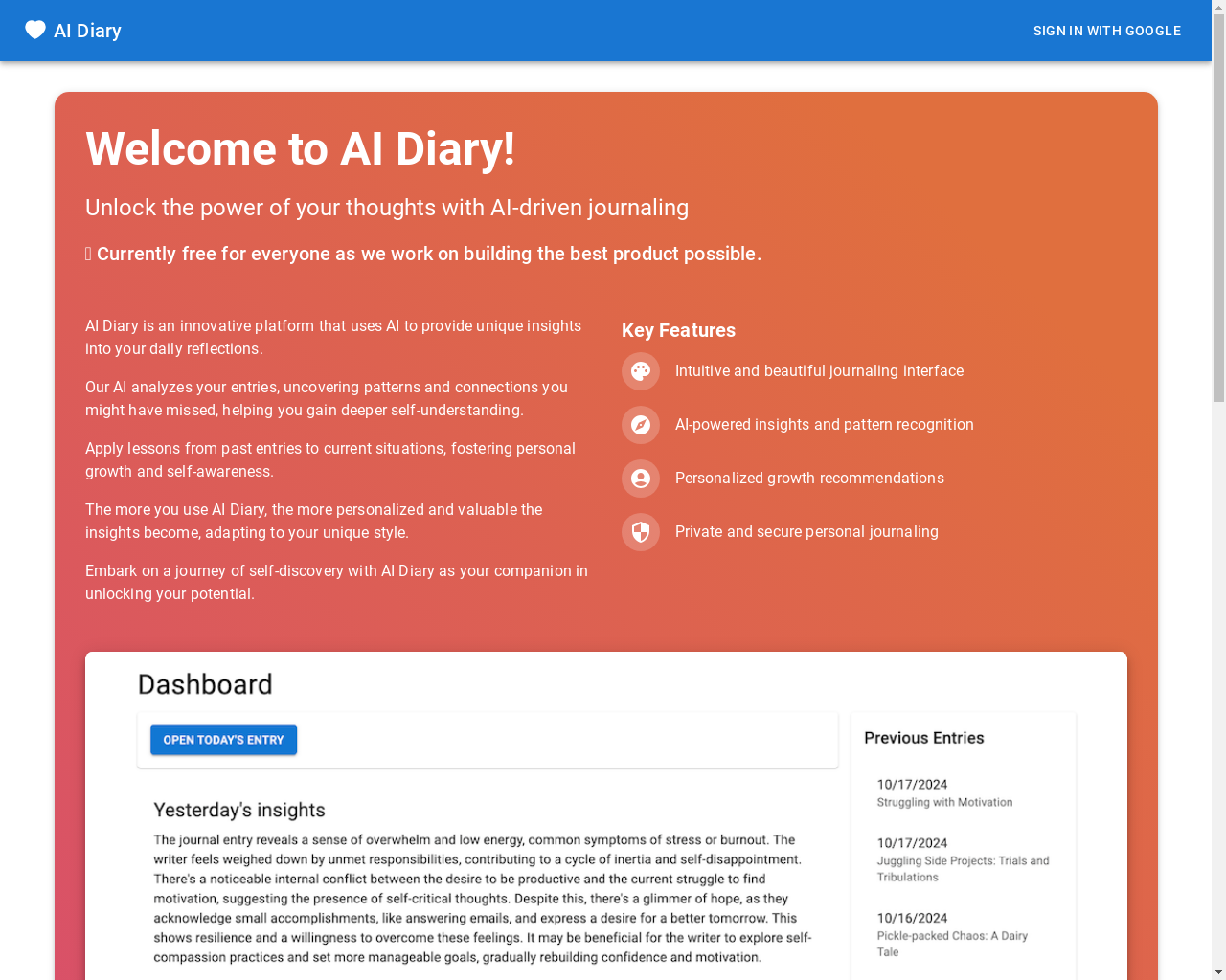 Show HN: I made a simple journaling app that uses AI to give you insights - Project Screenshot