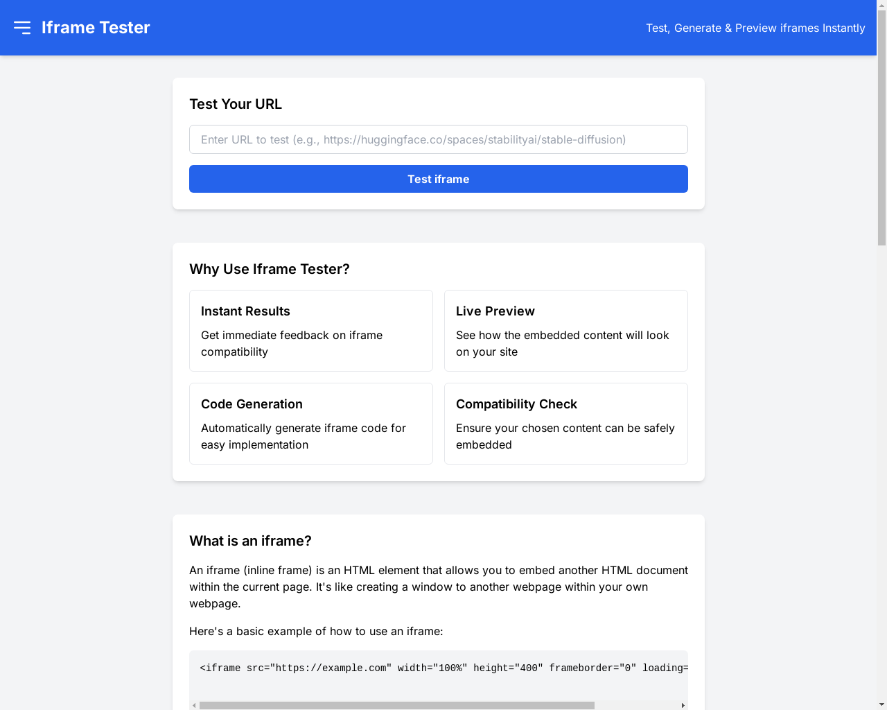 Show HN: Online Tool for Quick Iframe Testing and Code Generation - Project Screenshot