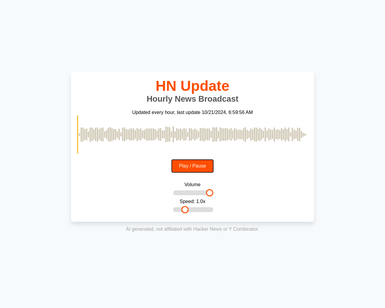 Show HN: HN Update – Hourly news broadcast of top HN stories - Project Screenshot