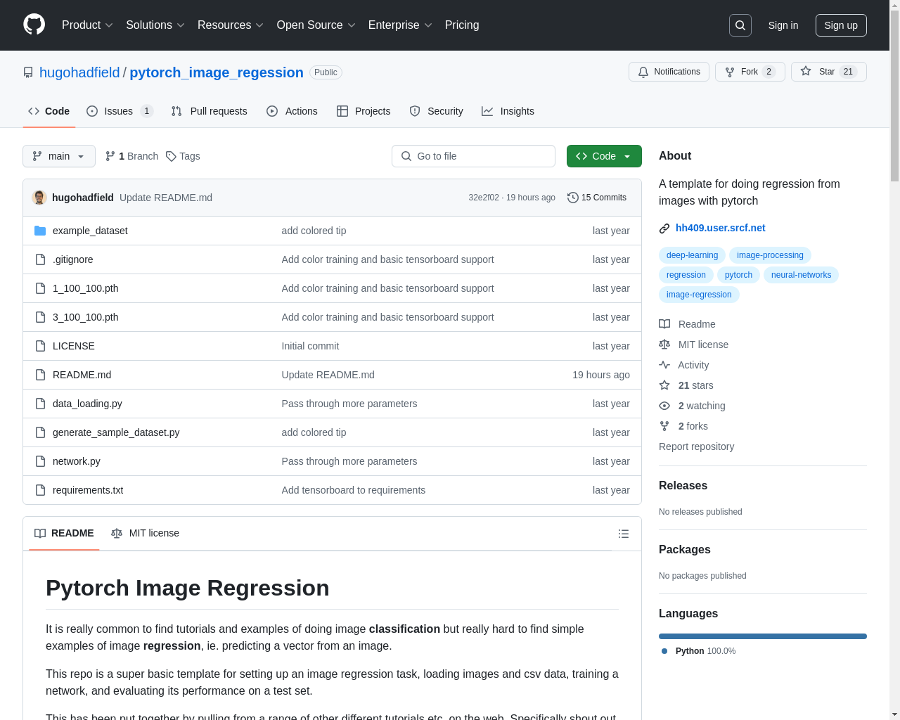 Show HN: Minimal image regression template for PyTorch - Project Screenshot