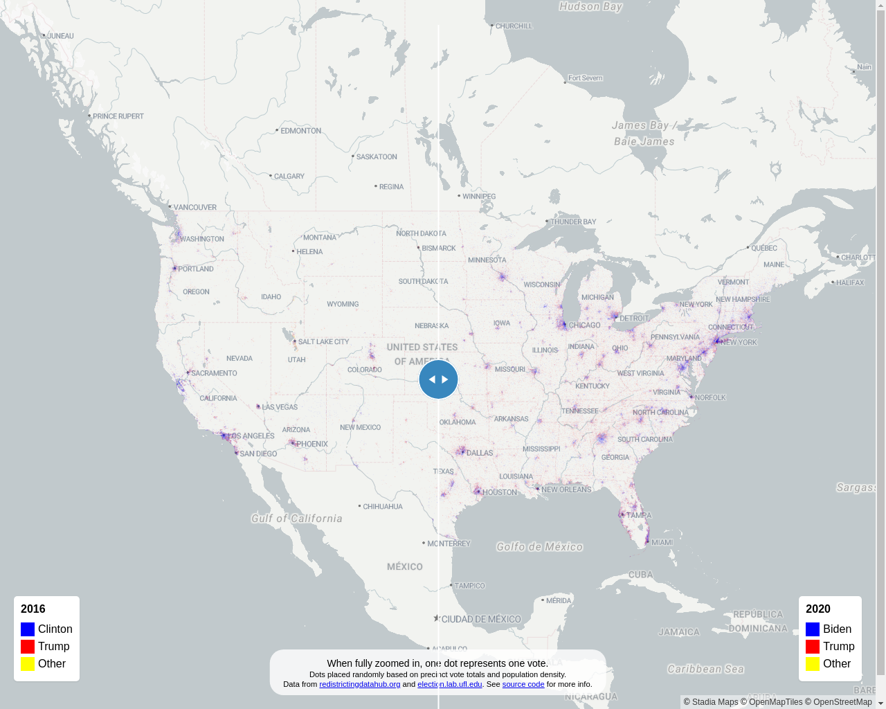 Show HN: One-dot-per-vote comparison map of US Election Results - Project Screenshot