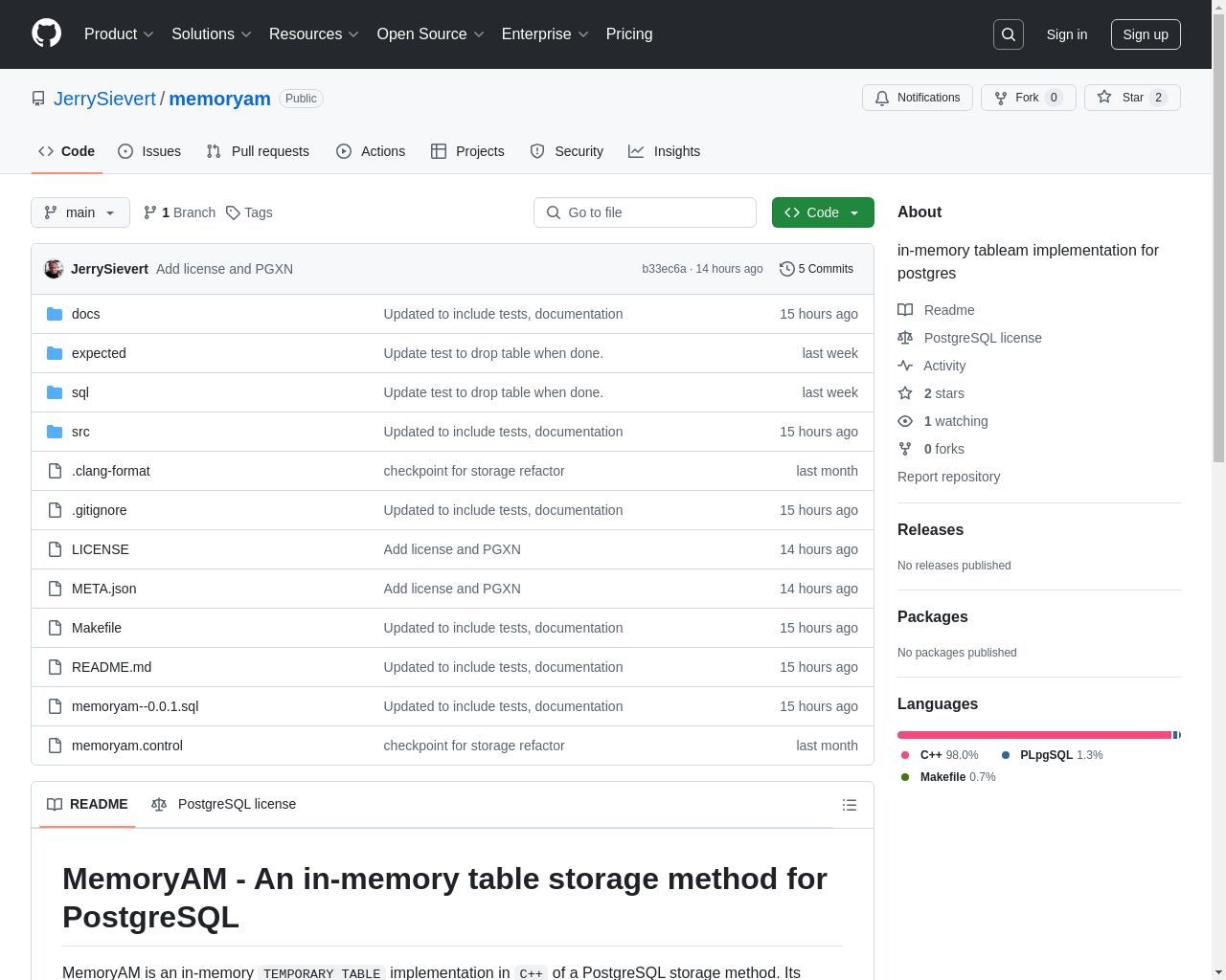 Show HN: MemoryAM – PostgreSQL用のインメモリテーブルAM - プロジェクトのスクリーンショット