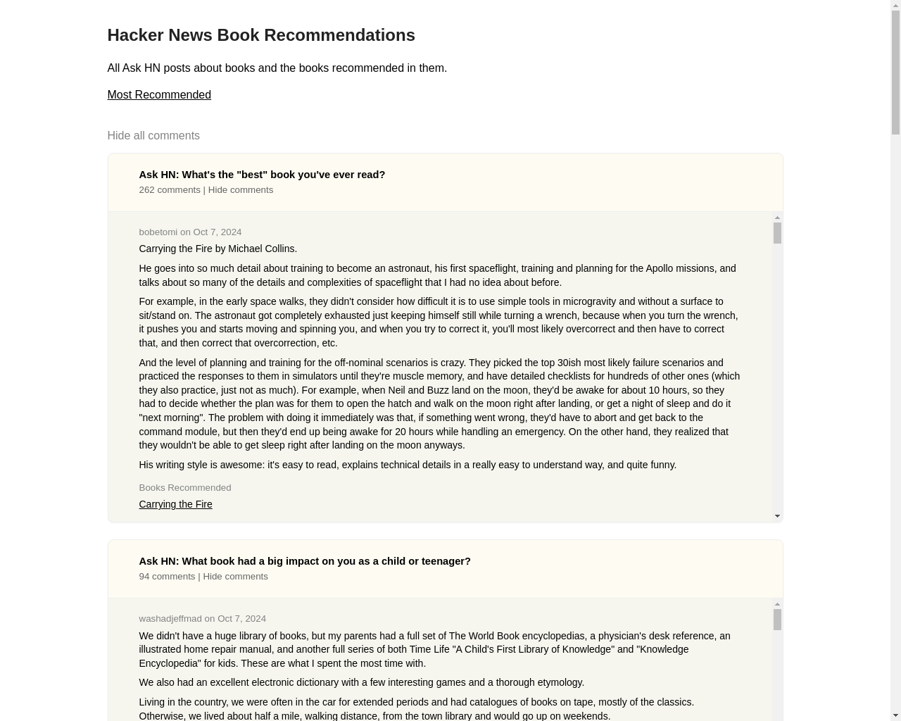 Show HN: Every Ask HN about book recommendations - Project Screenshot