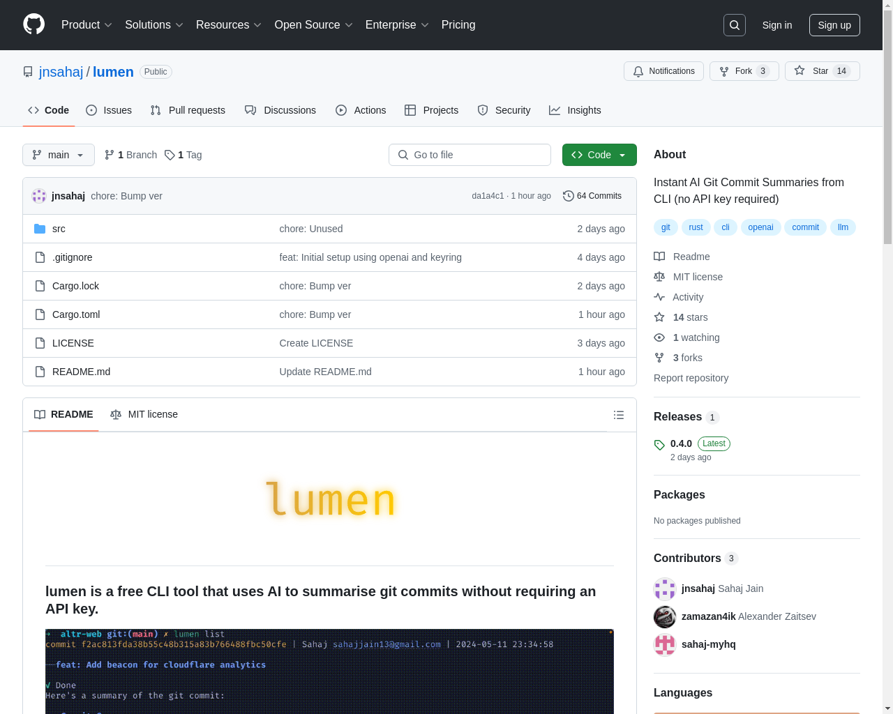 Show HN: Lumen – 無料のAI GitHubコミット要約ツール。ファジー検索に対応しています。 - プロジェクトのスクリーンショット