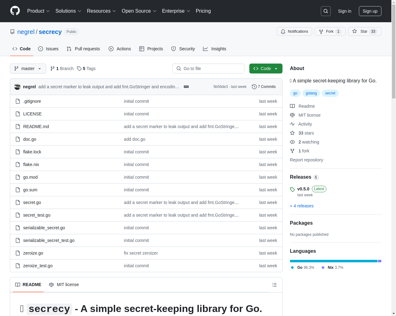 Show HN: Secrecy – Go用のシンプルな秘密管理ライブラリ - プロジェクトのスクリーンショット