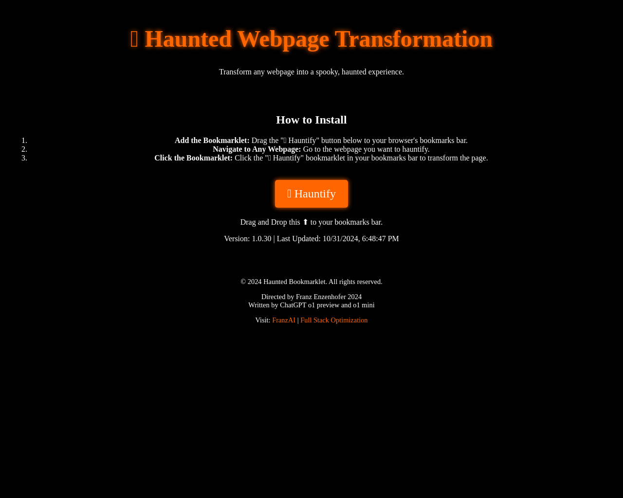 Show HN: Hauntify – どんなウェブページもハロウィン風にするブックマークレット - プロジェクトのスクリーンショット