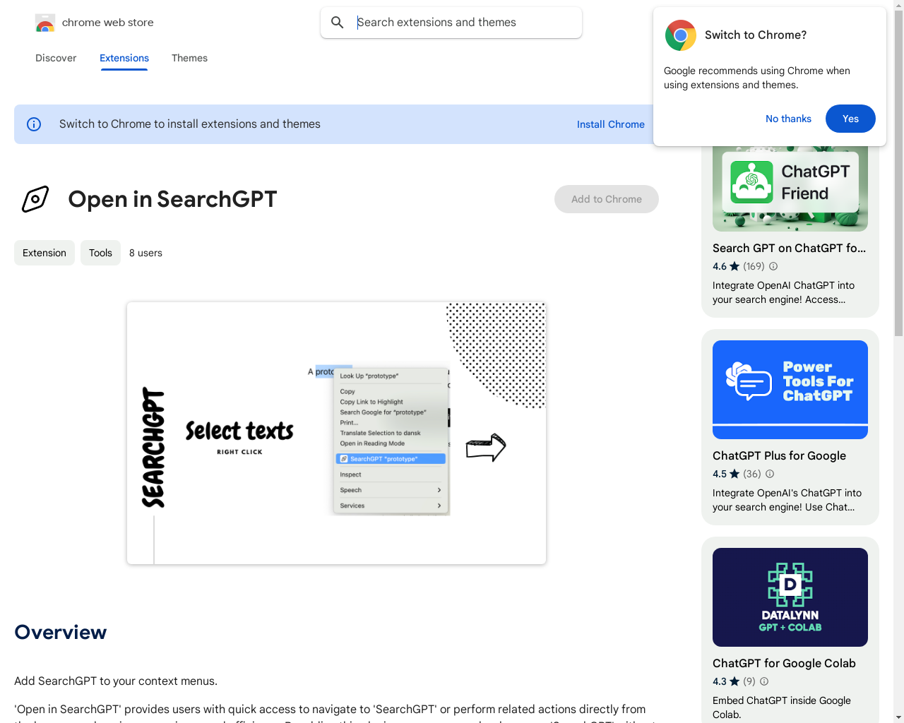 Show HN: Open-in-SearchGPT – Access SearchGPT in your Chrome context menus - Project Screenshot