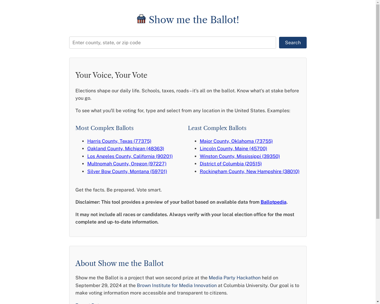 Show HN: Show Me The Ballot – Compare election complexity across US counties - Project Screenshot