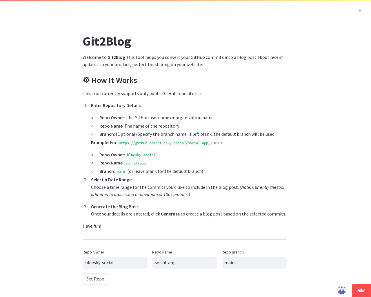 Show HN: Blog Posts from Git Commits – A Tiny Tool for the Lazy Dev - Project Screenshot