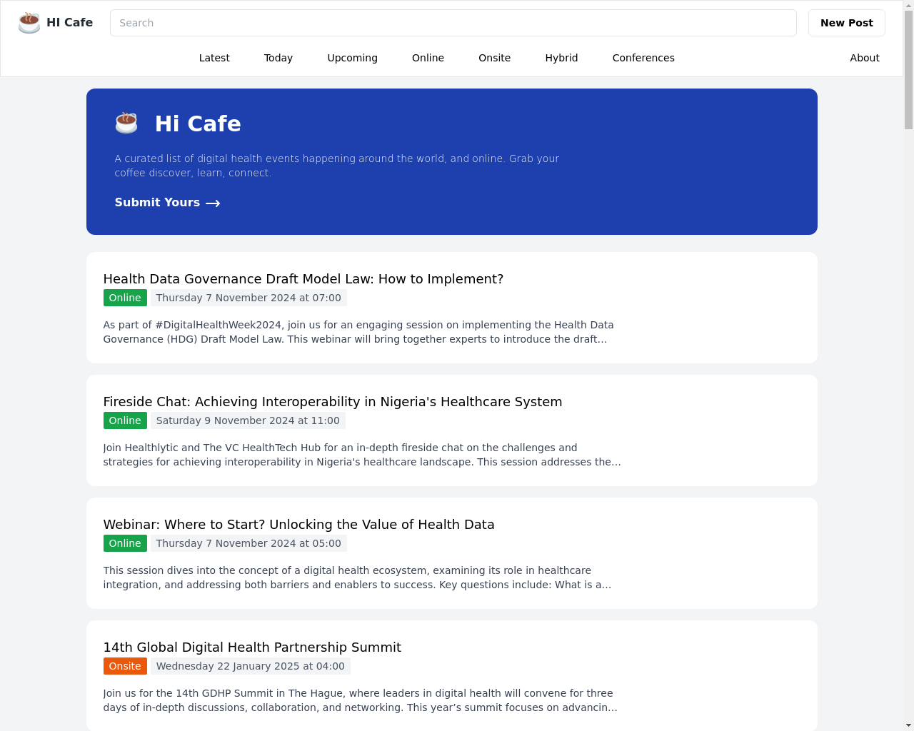 Show HN: HiCafe – デジタルヘルスイベントのキュレーションリスト - プロジェクトのスクリーンショット