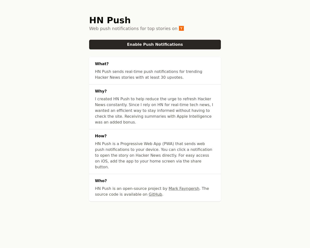 Show HN: HN Push – Hacker News のトップストーリーのためのウェブプッシュ通知 - プロジェクトのスクリーンショット