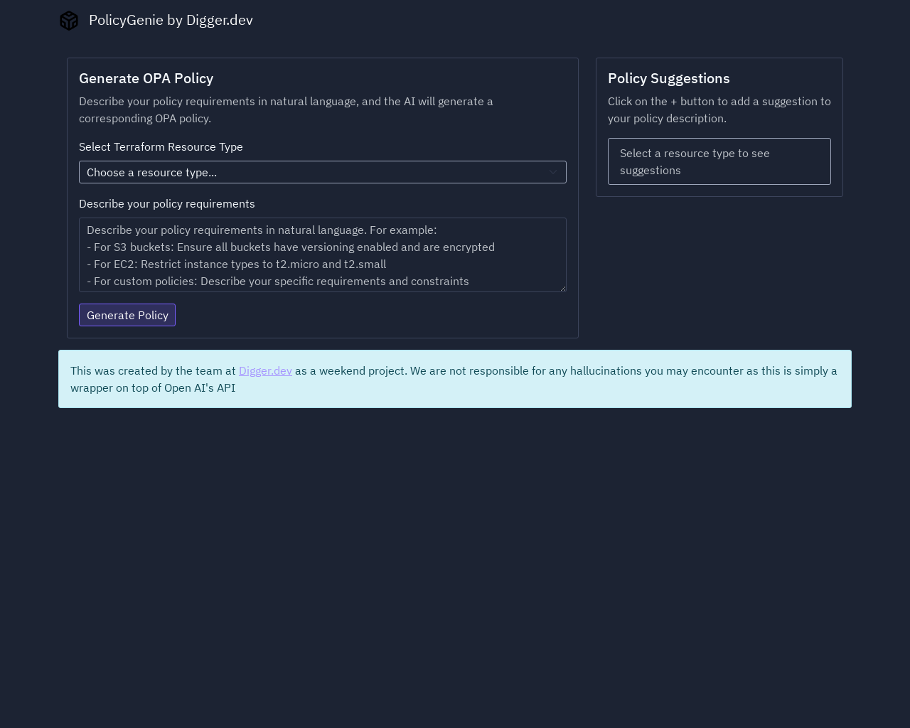 Show HN: 自然言語プロンプトを使ってTerraform用のOPAポリシーを生成する - プロジェクトのスクリーンショット